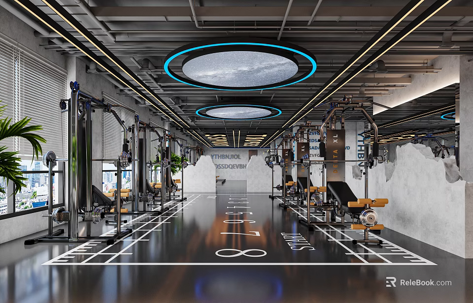 Modern Fitness Gym Interior Featuring Workout Equipment Ceiling Lights And Flooring Markings 3d model 