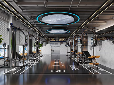 Modern Fitness Gym Interior Featuring Workout Equipment Ceiling Lights And Flooring Markings 3d model