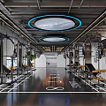 Modern Fitness Gym Interior Featuring Workout Equipment Ceiling Lights And Flooring Markings