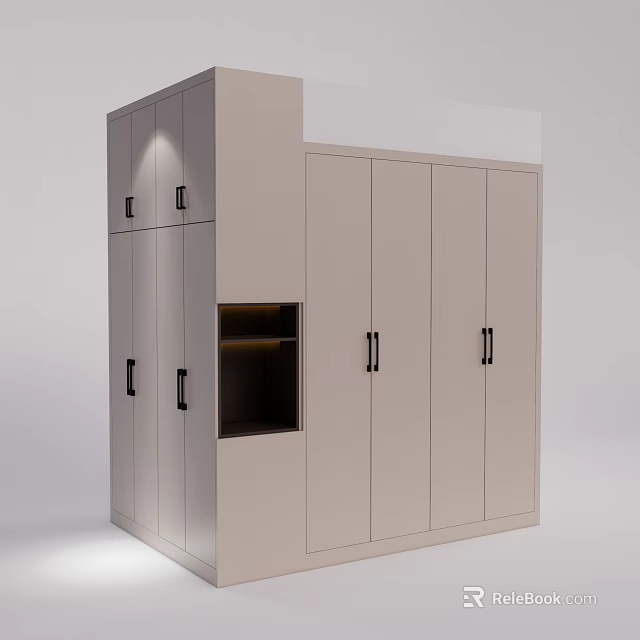 Integrated Modern Wardrobe Design With Multiple Doors And Open Shelf Storage 3d model
