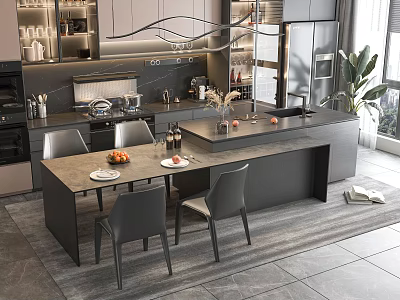 Modern Dining Table Set With Chairs And Marble Top In Kitchen Interior 3d model