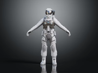 Astronaut In White Spacesuit Standing With Reflective Floor And Dark Background 3d model