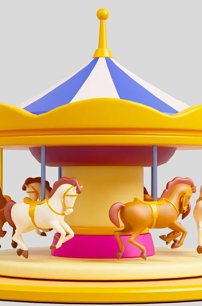 Carousel Amusement Equipment with Blue White Striped Roof Brown White Horses on Yellow Pink Base 3d model