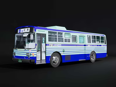 Classic Blue And White Striped Bus Exterior With Windows And Doors 3d model