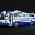 Classic Blue And White Striped Bus Exterior With Windows And Doors