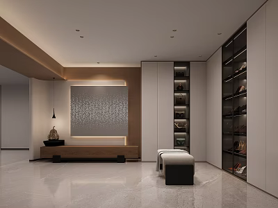 Modern Basement Interior Design Featuring Storage Shelves And Ambient Lighting 3d model