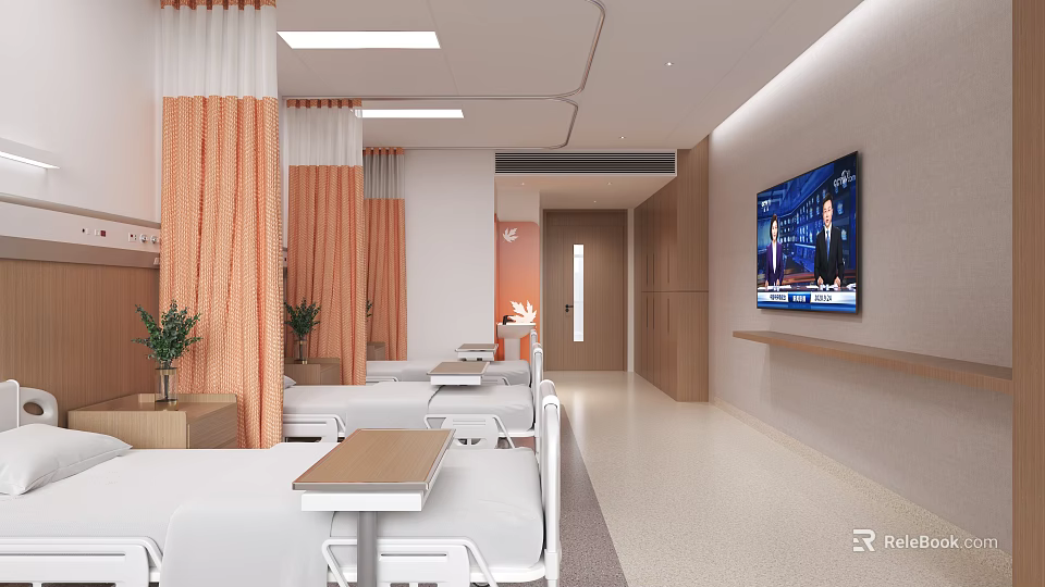 Modern Hospital Outpatient Ward Interior With Beds Curtains Plants And TV 3d model 
