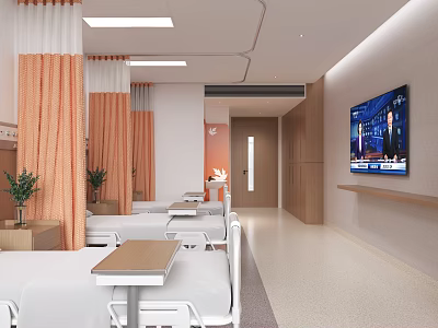 Modern Hospital Outpatient Ward Interior With Beds Curtains Plants And TV 3d model