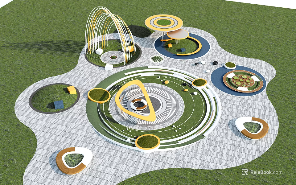 Modern Park Landscape With Circular Design Elements Paved Ground And Green Plant Areas 3d model 