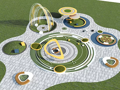 Modern Park Landscape With Circular Design Elements Paved Ground And Green Plant Areas 3d model
