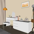 Modern White Dressing Table With Scalloped Edge Rabbit Figurine Clock Handbag And Stool 3d model