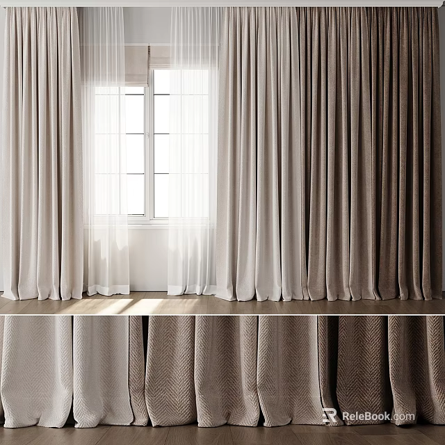 Neutral Toned Curtains With Sheer And Heavy Panels For Bright Window Interior 3d model 