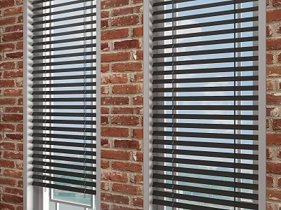 Gray Blinds On Windows With Red Brick Wall And Sea View Outside 3d model