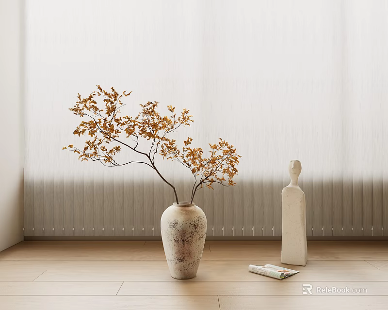Golden Leaves Branch In Textured Vase With White Sculptural Bottle On Wooden Floor 3d model 