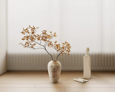 Golden Leaves Branch In Textured Vase With White Sculptural Bottle On Wooden Floor 3d model