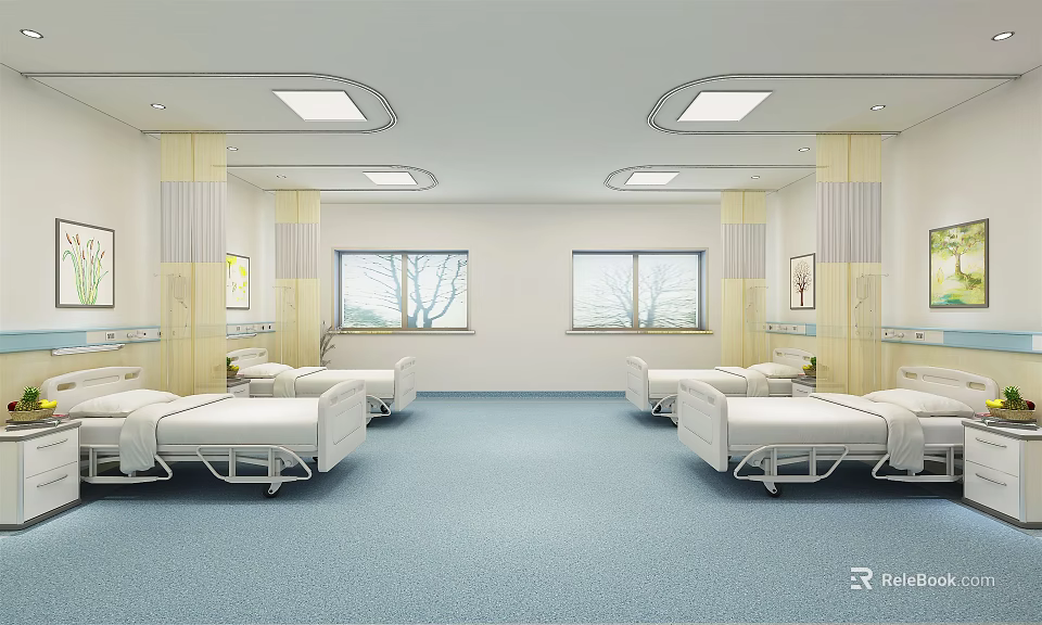 Modern Hospital Ward Interior With Multiple White Beds And Large Windows 3d model 
