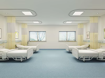 Modern Hospital Ward Interior With Multiple White Beds And Large Windows 3d model