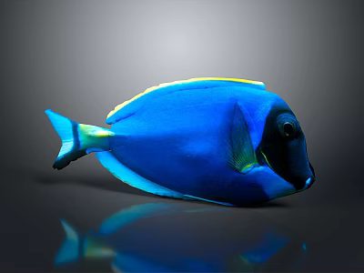 Vibrant Blue Fish With Yellow Green Edges And Black Eyes On Dark Background With Reflection 3d model