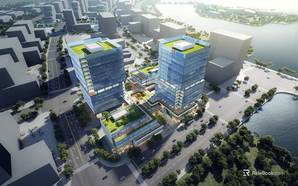 Twin Modern Office Buildings With Green Roofs And Glass Curtain Walls Near Urban Waterfront Landscape 3d model 