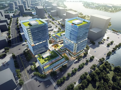 Twin Modern Office Buildings With Green Roofs And Glass Curtain Walls Near Urban Waterfront Landscape 3d model
