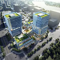 Twin Modern Office Buildings With Green Roofs And Glass Curtain Walls Near Urban Waterfront Landscape