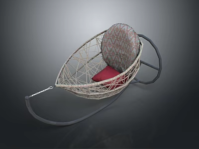 Wicker Rocking Chair With Net Like Structure And Red Cushioned Patterned Backrest 3d model