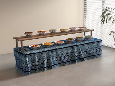 Two Tiered Food Display On Blue Patterned Tablecloth With Colorful Bowls And Indoor Plants 3d model