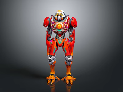 Vibrant Biomechanical Robot Character With Red Orange Armor And Clawed Feet Design 3d model