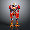 Vibrant Biomechanical Robot Character With Red Orange Armor And Clawed Feet Design