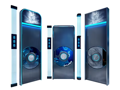 Modern Swing Door Design With Blue Lighting Circular Glass Panels And Metal Frame 3d model