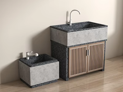 Washbasin Vanity with Grey Stone Countertop Wooden Cabinet Doors and Metal Faucet Light Wood Floor 3d model