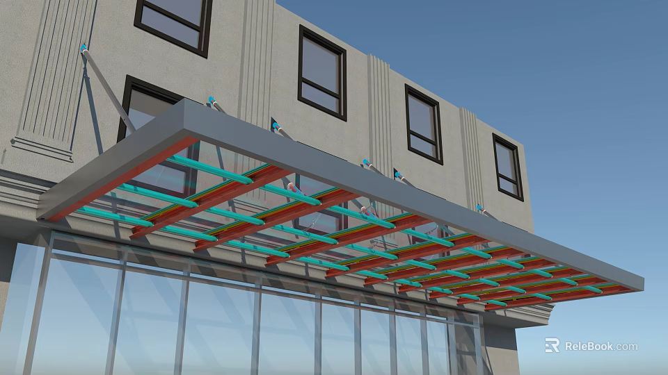 Modern Building Entrance Awning With Metal Frame And Colorful Beams Over Glass Doors 3d model 