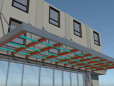 Modern Building Entrance Awning With Metal Frame And Colorful Beams Over Glass Doors 3d model