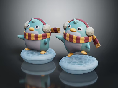 Cute Blue Penguin Furniture Figurines With Red Hats Striped Scarves And White Earmuffs 3d model