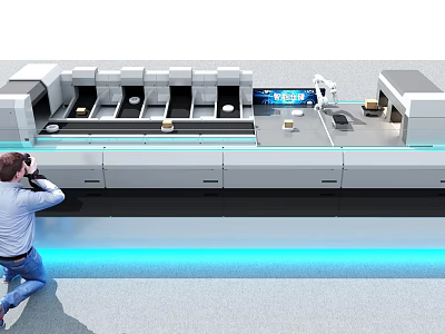 Advanced Industrial Equipment Automated Production Line With Control Panel And Operator 3d model