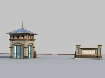 Pavilion Style Gate With Blue Tiled Roof And Stone Monument Wall Structure 3d model