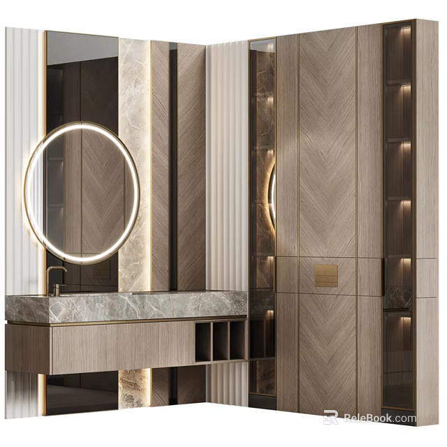 Modern Luxury Bathroom Vanity With Circular Mirror Marble Countertop And Wooden Texture Lighting 3d model 