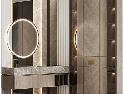 Modern Luxury Bathroom Vanity With Circular Mirror Marble Countertop And Wooden Texture Lighting 3d model