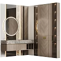 Modern Luxury Bathroom Vanity With Circular Mirror Marble Countertop And Wooden Texture Lighting