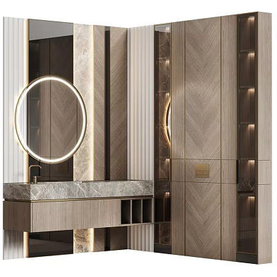 Modern Luxury Bathroom Vanity With Circular Mirror Marble Countertop And Wooden Texture Lighting 3d model