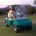 Two People Riding Green Golf Cart In Outdoor Scenery