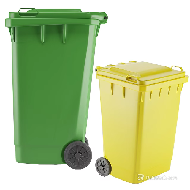 Public Trash Bins Facility With Green And Yellow Containers On Wheels 3d model 