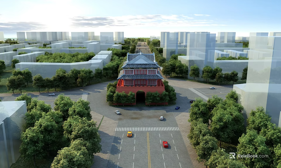 Aerial Planning of Urban Surroundings with Traditional Building Roads Trees and Modern High rises 3d model 