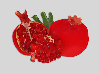 Fresh Whole And Cut Open Pomegranate With Red Arils And Green Leaves 3d model