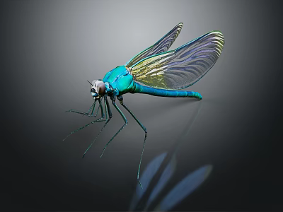 Turquoise Dragonfly with Transparent Wings and Yellow Iridescence on Dark Background Showing Reflection 3d model