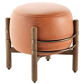 Modern Beige Upholstered Stool With Oak Wooden Legs And Brass Horizontal Accents