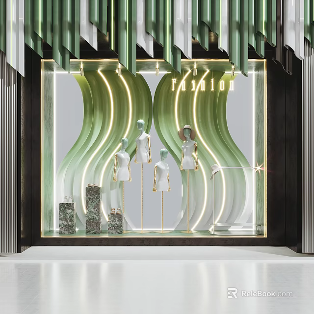 Elegant Fashion Window Display With Green Wavy Decor And White Outfit Mannequins 3d model 