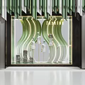 Elegant Fashion Window Display With Green Wavy Decor And White Outfit Mannequins