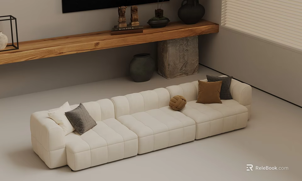 Three Seater Cream White Sofa with Gray Brown Pillows and Wooden Shelf Decor 3d model 