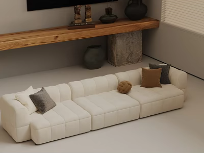 Three Seater Cream White Sofa with Gray Brown Pillows and Wooden Shelf Decor 3d model
